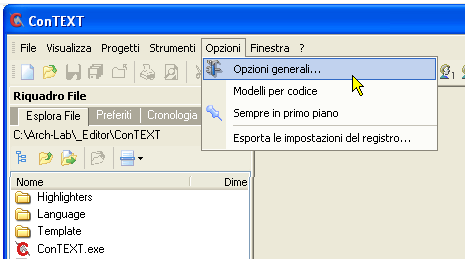 Configurazione di ConText - Menu in lingua italiana