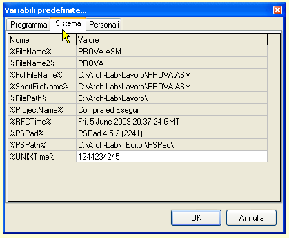 Configurazione di PSPad - Variabili del programma