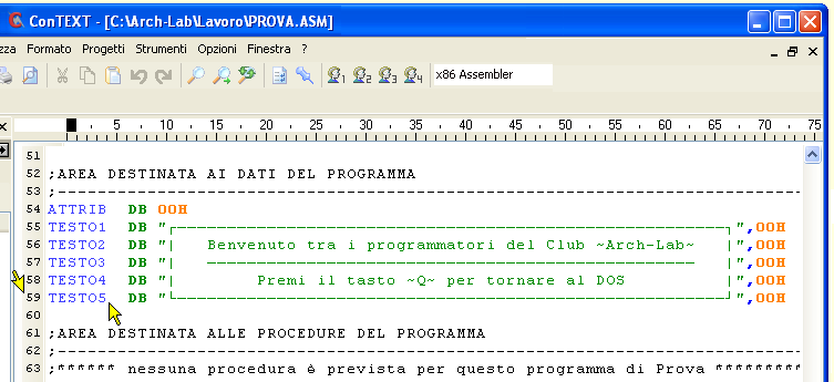 Accesso con ConTEXT - zona testi del sorgente di prova