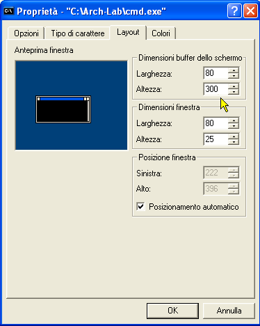 Finestra DOS con CMD - dimensioni attuali