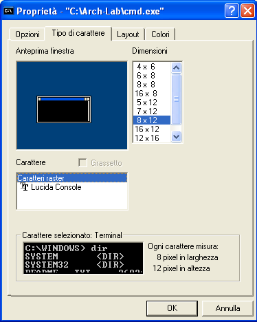 Finestra DOS con CMD - carattere attuale
