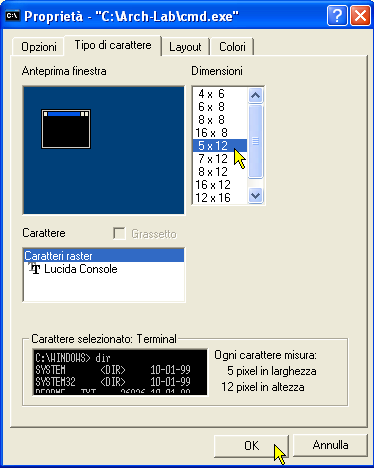 Finestra DOS con CMD - carattere ottimale