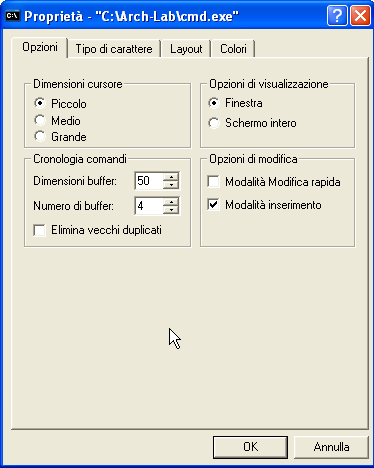 Finestra DOS con CMD - opzione di visualizzazione