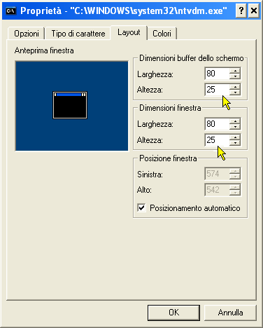 Finestra DOS con Command - dimensioni ottimali