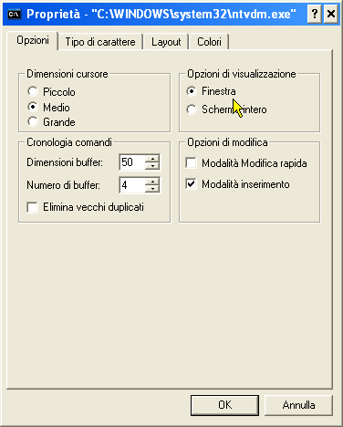 Finestra DOS con Command - opzione di visualizzazione