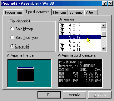 Finestra DOS con Command - carattere ottimale 98/ME
